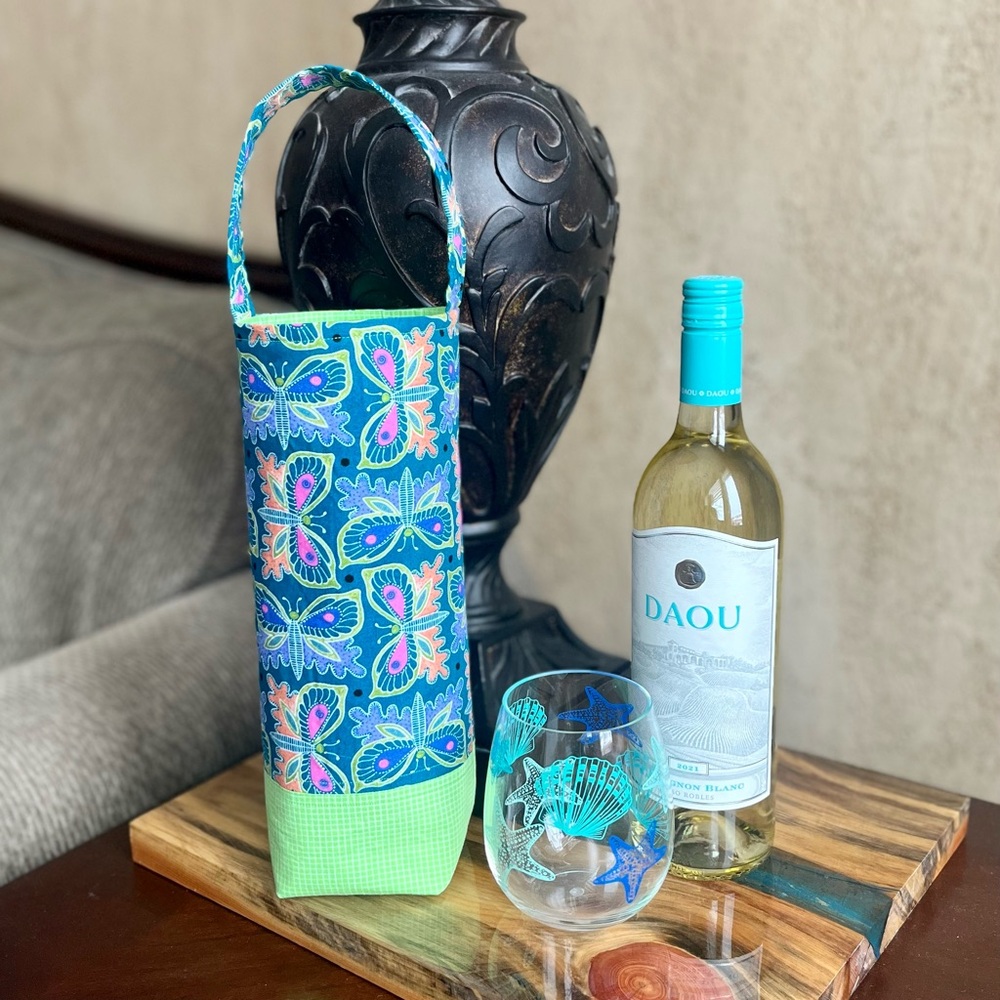 Bright Neon Butterflies.wine tote housewarming gift handmade tote wine gift tote